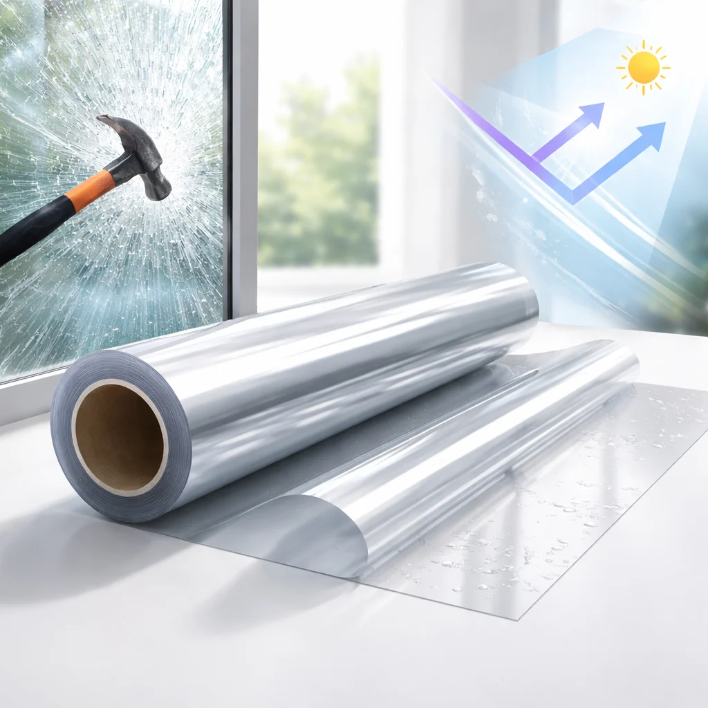 Transparent safety film for glass impact protection, UV protection, and architectural window protection
Transparent safety film for glass impact protection, UV protection, and architectural window protection