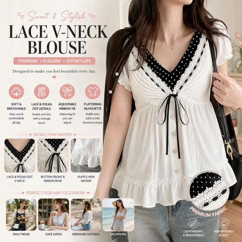 Bow Lace T-shirt For Women Summer French Sweet Coquette 100% Cotton Puff Sleeve V Neck Polka Dot Fake 2 Piece Peplum Blouse New
Bow Lace T-shirt For Women Summer French Sweet Coquette 100% Cotton Puff Sleeve V Neck Polka Dot Fake 2 Piece Peplum Blouse New