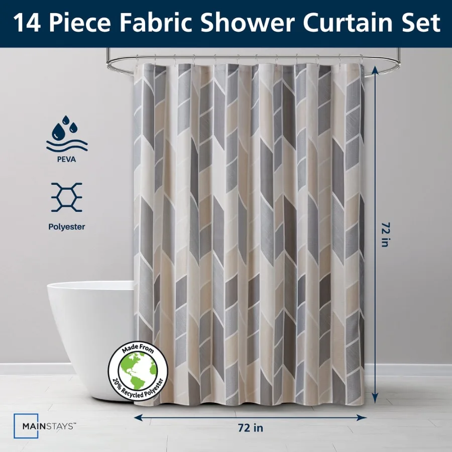 14 Piece Fabric Shower Curtain Set PEVA Liner and Hooks Natural Geometric 72" x 72"
14 Piece Fabric Shower Curtain Set PEVA Liner and Hooks Natural Geometric 72" x 72"