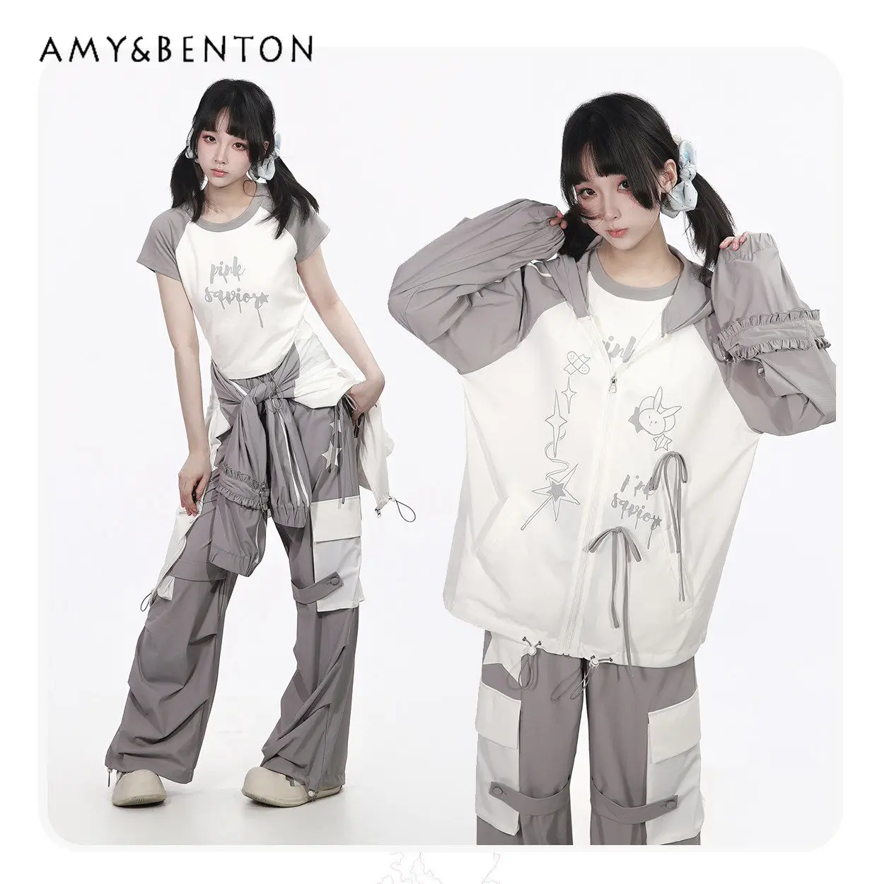 Harajuku Gray and White Splicing Color Hooded Jacket Summer Thin Sunscreen Suit Cartoon Printed Jacket Casual Wide-leg Pants
Harajuku Gray and White Splicing Color Hooded Jacket Summer Thin Sunscreen Suit Cartoon Printed Jacket Casual Wide-leg Pants
