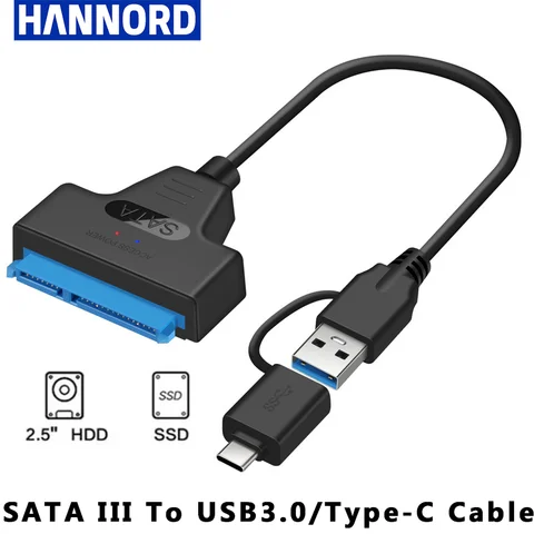 Hannord SATA to USB 3.0 Type-C 2 in 1 Adapter 6 Gbps For 2.5 Inch External SSD HDD Hard Drive Converter  22 Pin SATA III Cable