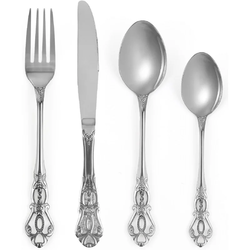 Retro Royal Silver Cutlery Set for 6 People Stainless Steel Cutlery Set 24 Pieces Knives/Forks/Spoons Polished Thick Handle
Retro Royal Silver Cutlery Set for 6 People Stainless Steel Cutlery Set 24 Pieces Knives/Forks/Spoons Polished Thick Handle