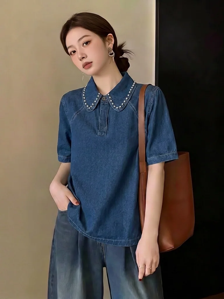 Slim Fit Denim Shirt Women's Summer New Style Big Size Fashionable Youthful Doll Collar Casual Korean Style Commute Wind Shirt
Slim Fit Denim Shirt Women's Summer New Style Big Size Fashionable Youthful Doll Collar Casual Korean Style Commute Wind Shirt