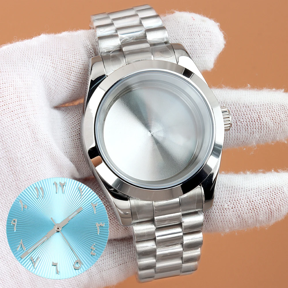 With 28.5MM Dial and Hands NH35 39MM/36MM Watch Case 316L Steel Presidential Strap For NH35 NH36 Movement Waterproof Silver Case 
With 28.5MM Dial and Hands NH35 39MM/36MM Watch Case 316L Steel Presidential Strap For NH35 NH36 Movement Waterproof Silver Case