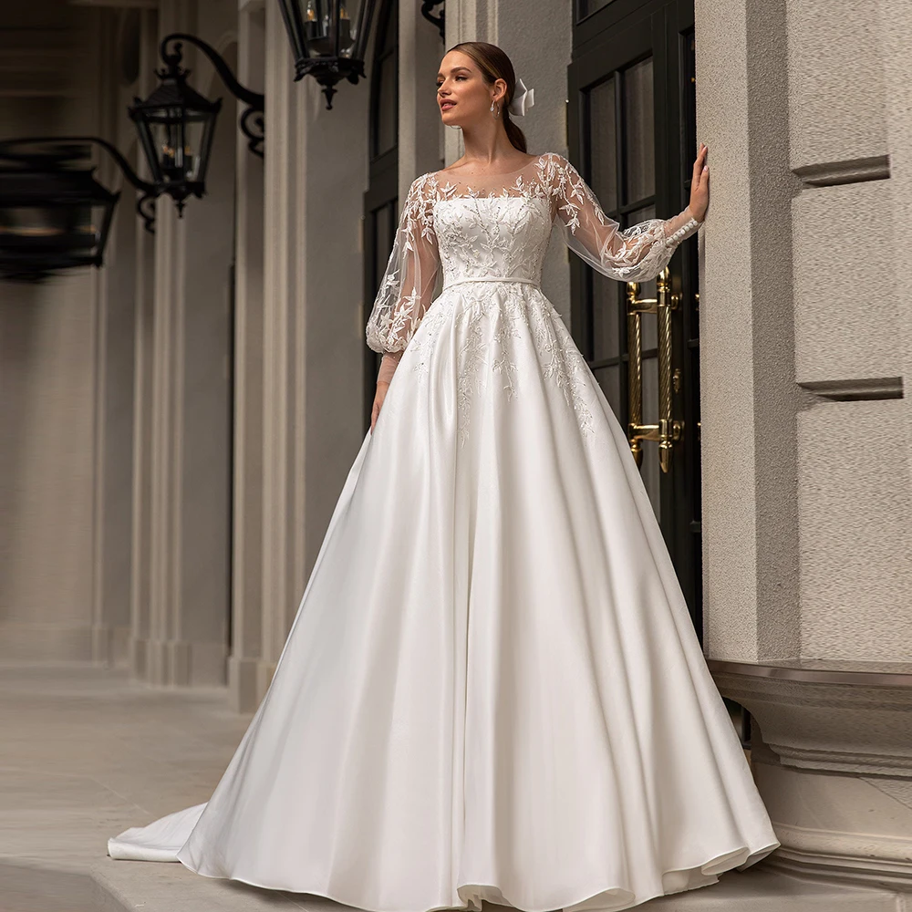 Exquisite Satin Wedding Dress For Bride Illusion Long Sleeve Chic Lace Formal Bridal Gown Sweep Train Elegant Robe De Mariage
Exquisite Satin Wedding Dress For Bride Illusion Long Sleeve Chic Lace Formal Bridal Gown Sweep Train Elegant Robe De Mariage