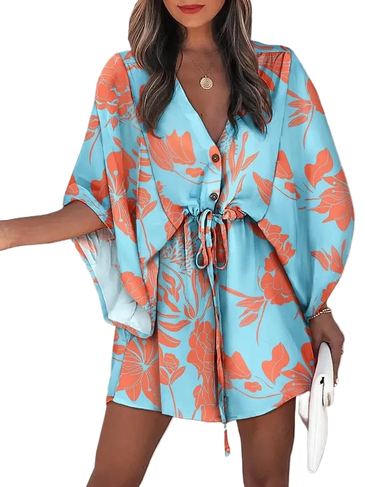 Casual Bohemian Beach Holiday Mini Dresses For Women Summer Fashion Painted V-neck Flying Sleeve Dress Female Beachwear Vestidos 
Casual Bohemian Beach Holiday Mini Dresses For Women Summer Fashion Painted V-neck Flying Sleeve Dress Female Beachwear Vestidos