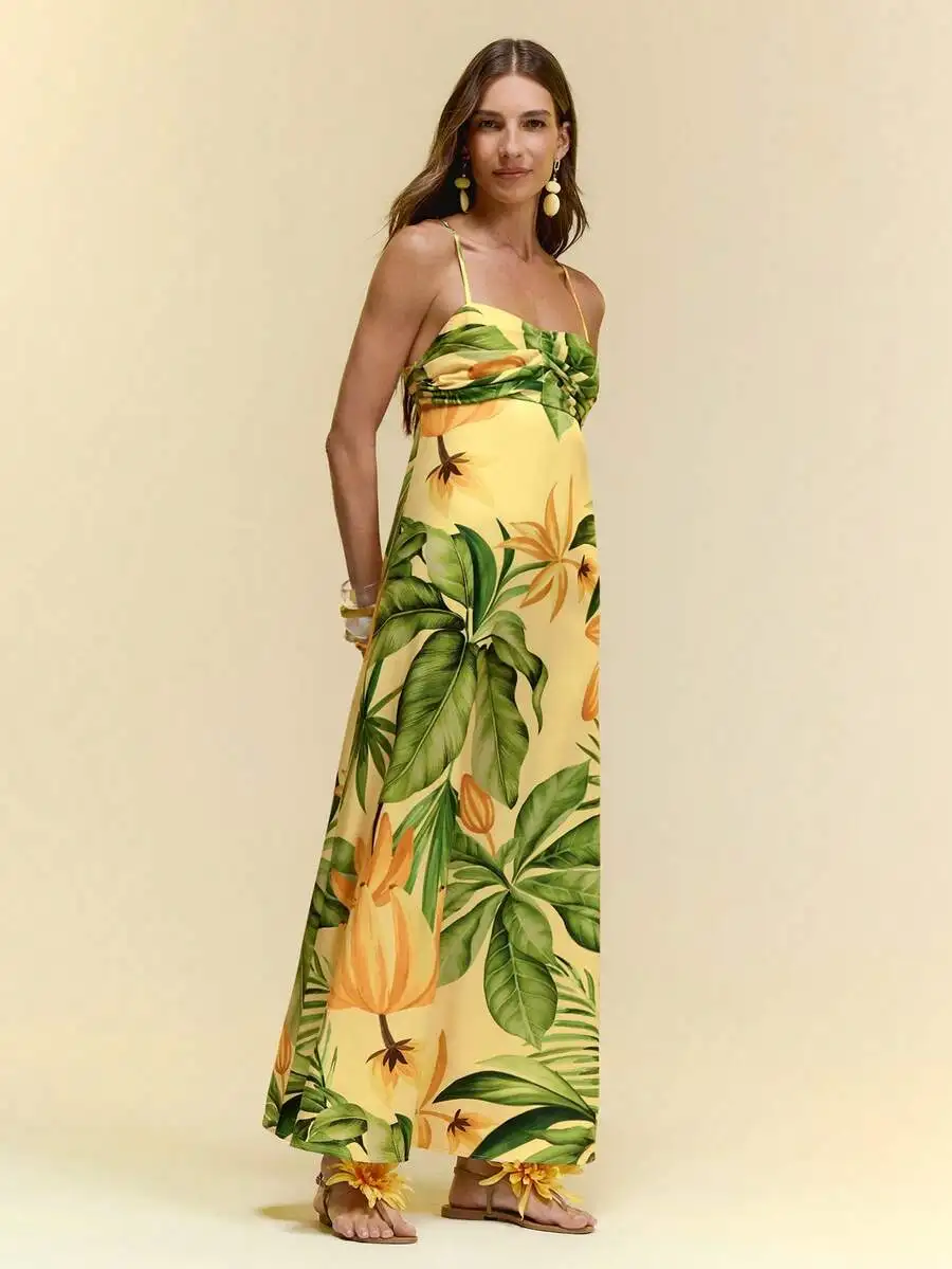 Womens Tropical Plant Print Ruffle Spaghetti Strap Maxi Dress For Vacation
Womens Tropical Plant Print Ruffle Spaghetti Strap Maxi Dress For Vacation