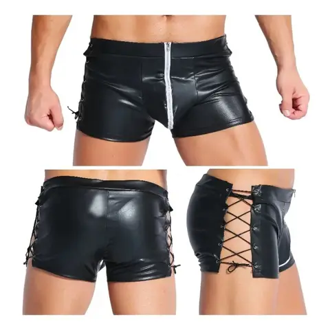 Fashion Men's Shiny PVC Leather Shorts Latex Nightclub Stage Short Pants Zipper Men Club Party Dance Casual Shorts with Pockets