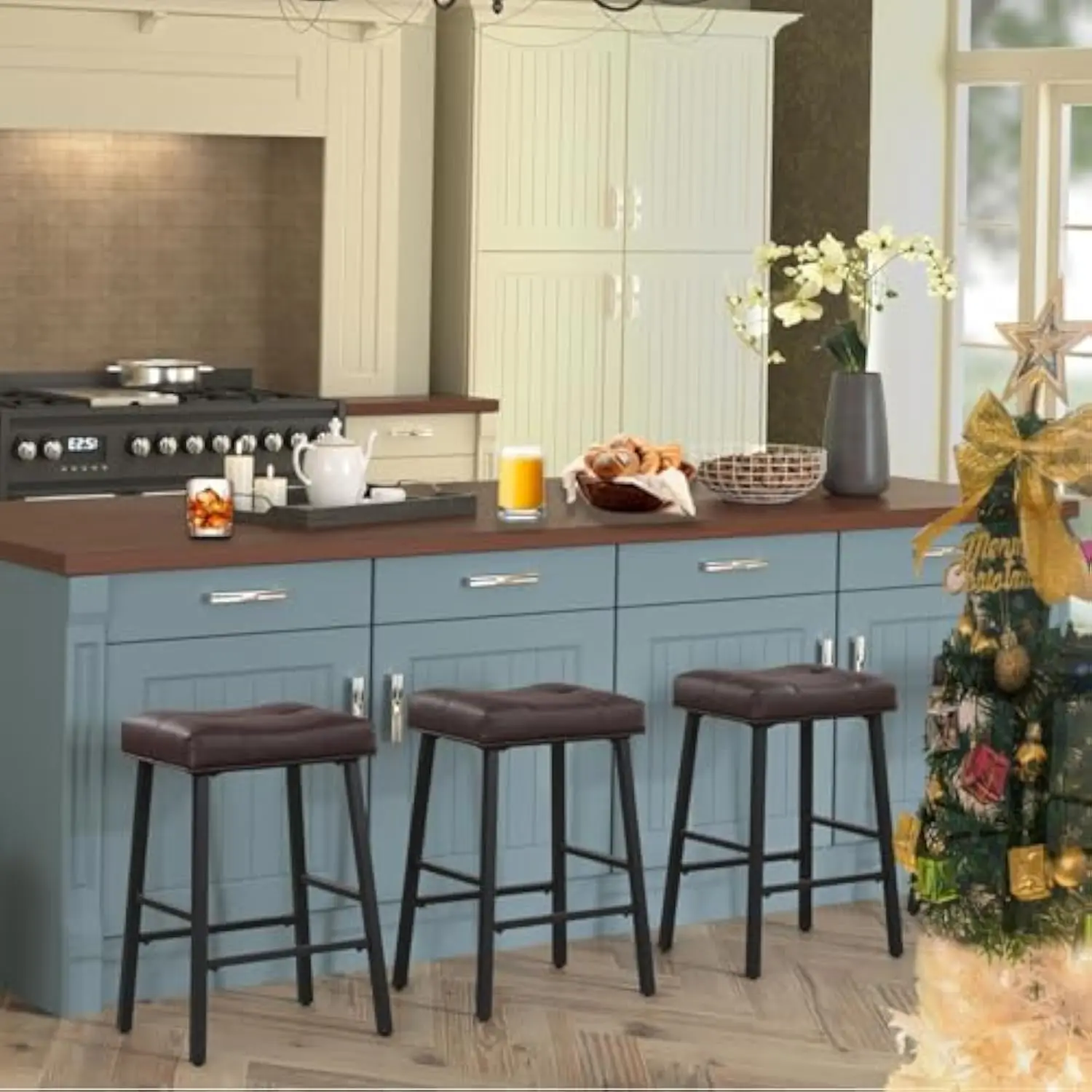 Counter Height Bar Stools Set of 3, 24 Inch Backless Bar stools with Metal Base, Upholstered PU Leather Kitchen Barstools, Mode
Counter Height Bar Stools Set of 3, 24 Inch Backless Bar stools with Metal Base, Upholstered PU Leather Kitchen Barstools, Mode