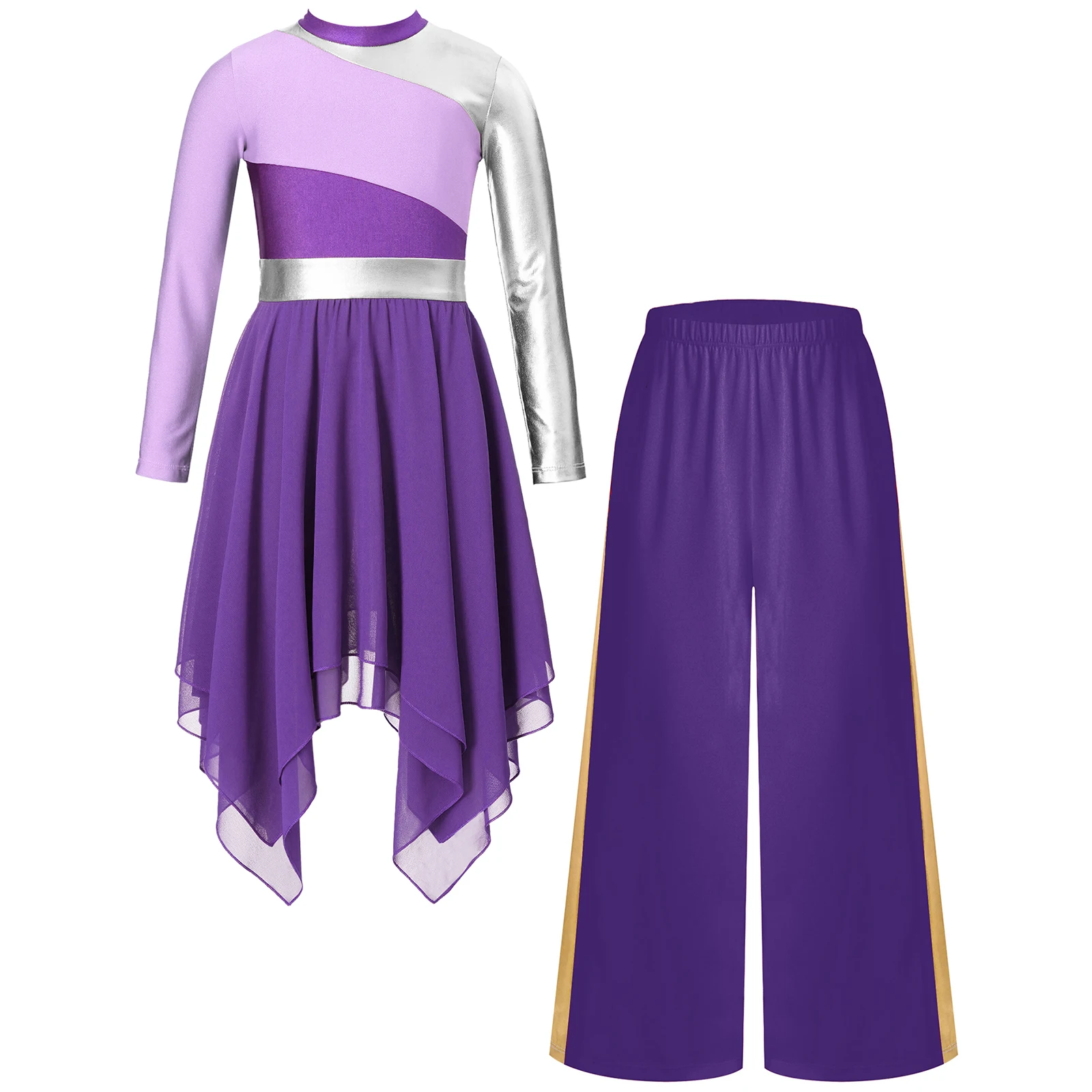 Kids Girls Praise Worship Dance Costume Long Sleeve Chiffon Asymmetrical Hem Contrast Color Patchwork Dress+Wide-Leg Pants 2Pcs
Kids Girls Praise Worship Dance Costume Long Sleeve Chiffon Asymmetrical Hem Contrast Color Patchwork Dress+Wide-Leg Pants 2Pcs