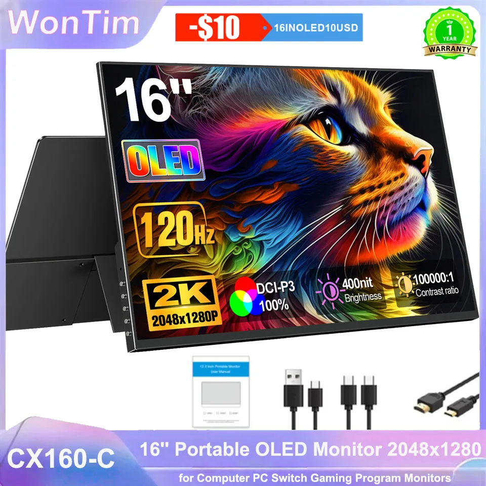WonTim 16.0" 2K OLED 500Nits Portable Monitor 120Hz UHD DCI-P3 External Screen 149% sRGB USB C HDMI For Phone Laptop Mini PC PS4
WonTim 16.0" 2K OLED 500Nits Portable Monitor 120Hz UHD DCI-P3 External Screen 149% sRGB USB C HDMI For Phone Laptop Mini PC PS4