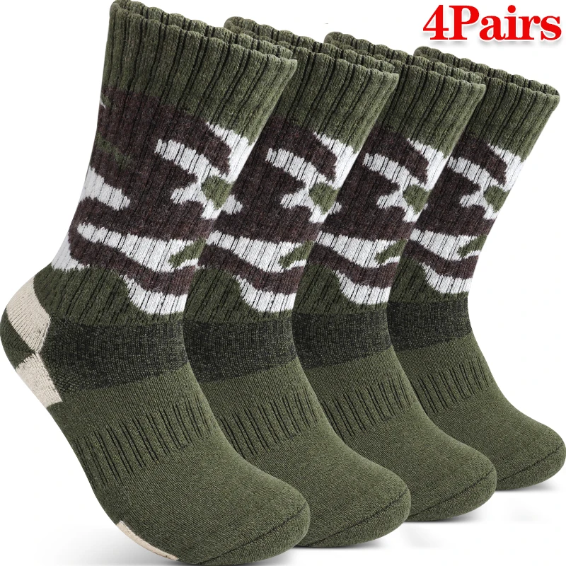 4 пары мужских шерстяных термоносков для занятий спортом на открытом воздухе, эластичные вязаные камуфляжные толстые плюшевые походные носки для альпинизма и повседневной носки 
4 пары мужских шерстяных термоносков для занятий спортом на открытом воздухе, эластичные вязаные камуфляжные толстые плюшевые походные носки для альпинизма и повседневной носки