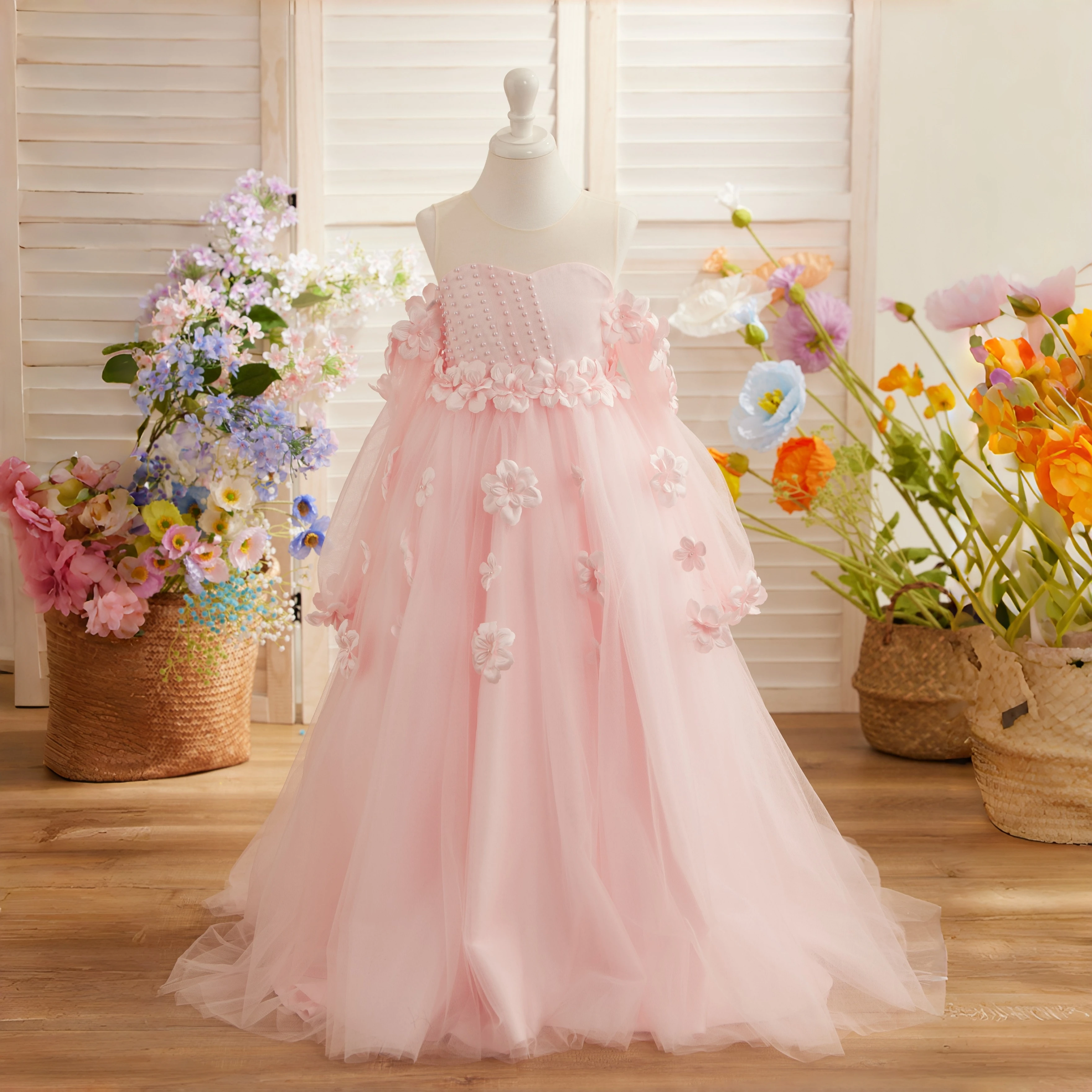 Girls Pink Princess Dress Detachable Sleeves Pearl Beaded 3D Floral Tulle Train for Cake Smash Birthday Wedding Party
Girls Pink Princess Dress Detachable Sleeves Pearl Beaded 3D Floral Tulle Train for Cake Smash Birthday Wedding Party