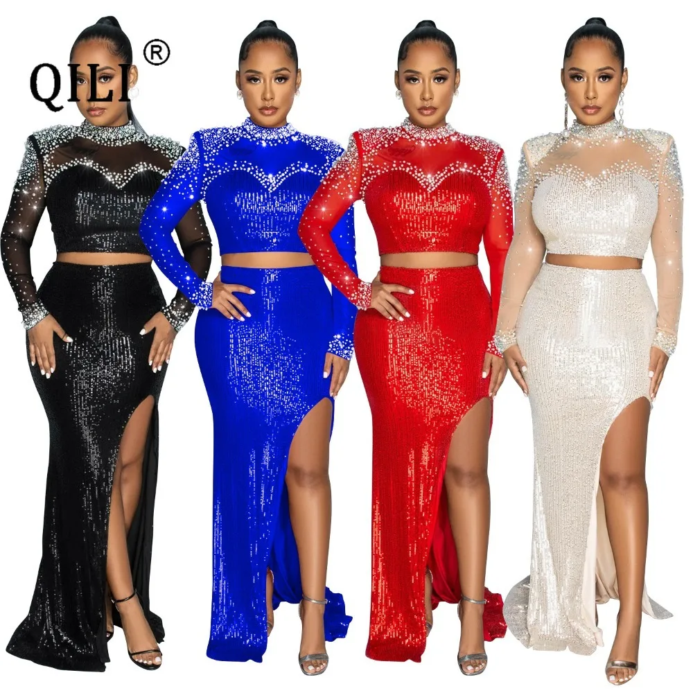 QILI-Women's Long-Sleeved Mesh Dress, Red Sequins, Round Neck, 2-Piece Set, Fashion
QILI-Women's Long-Sleeved Mesh Dress, Red Sequins, Round Neck, 2-Piece Set, Fashion