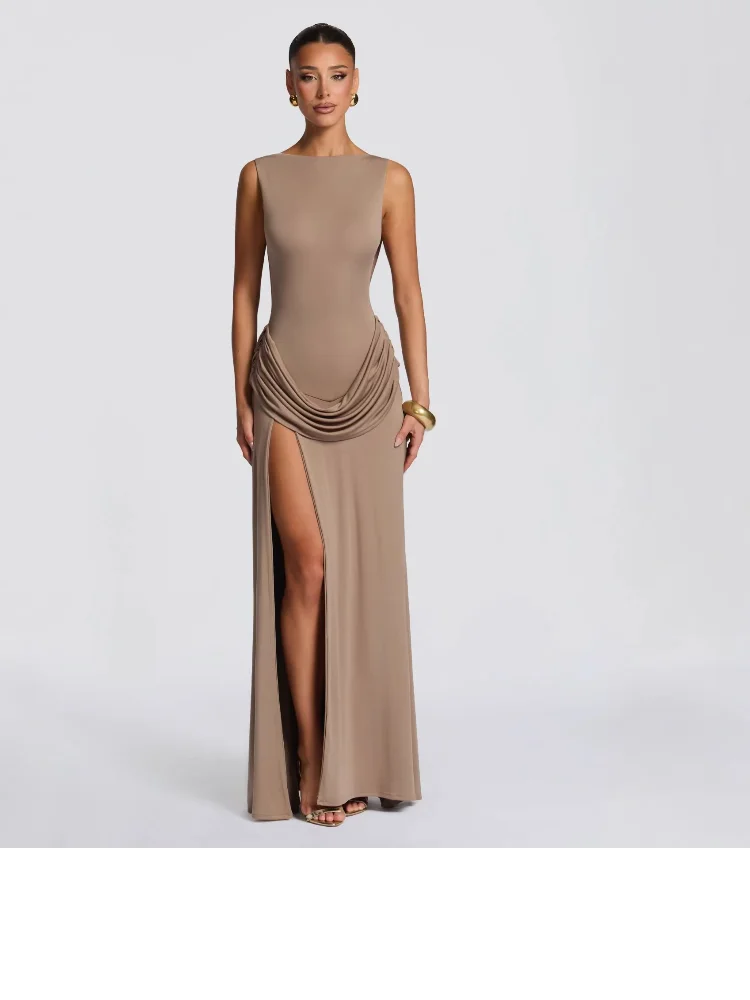 Elegant Sleeveless Pleated Maxi Dress Women's Chic High Waist Solid Backless Split Bodycon Long Dresses Lady Night Out Vestidos
Elegant Sleeveless Pleated Maxi Dress Women's Chic High Waist Solid Backless Split Bodycon Long Dresses Lady Night Out Vestidos