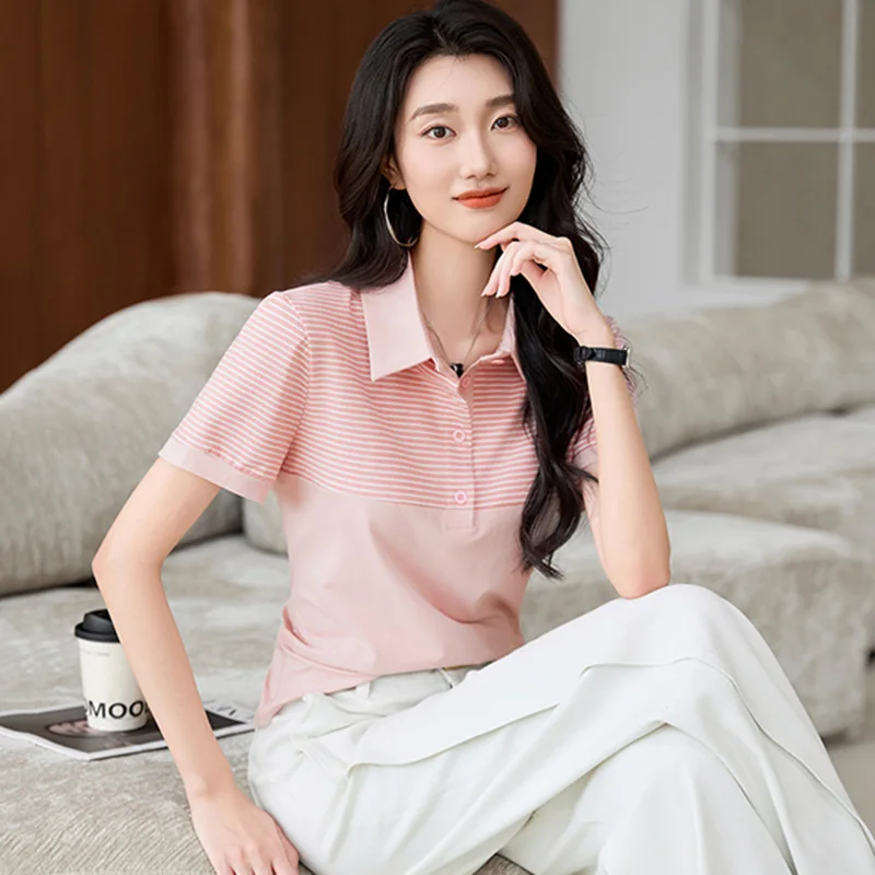 New Women Contrast Color Striped T-shirt Summer Fashion Turn-down Collar Short Sleeve Loose Tees Casual Simplicity Button Tees
New Women Contrast Color Striped T-shirt Summer Fashion Turn-down Collar Short Sleeve Loose Tees Casual Simplicity Button Tees