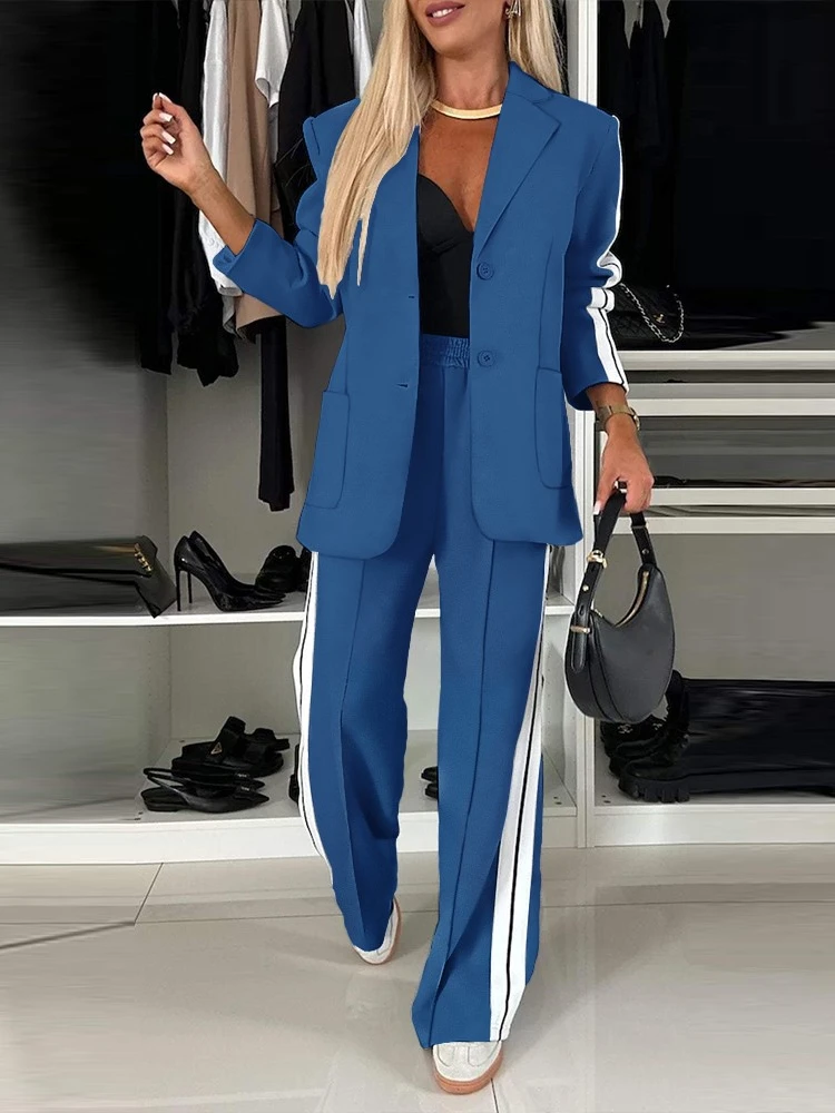 Elegant Striped Women's Blazer And Wide-Leg Pants Set with Pockets Notched Collar Front Button Tape Two-Piece Outfit for Fall
Elegant Striped Women's Blazer And Wide-Leg Pants Set with Pockets Notched Collar Front Button Tape Two-Piece Outfit for Fall
