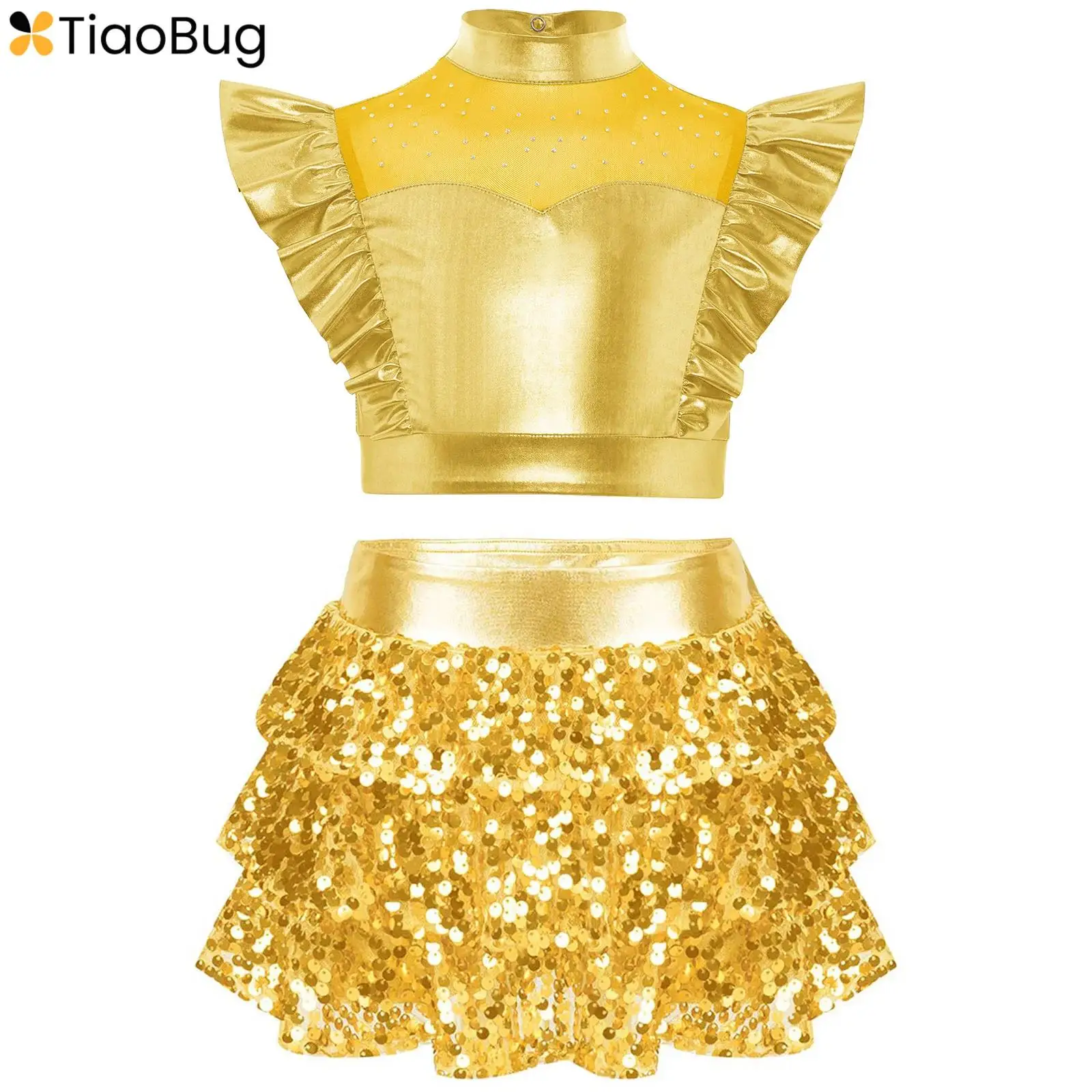 Kids Girls Jazz Hip-Hop Dance Outfit Metallic Shiny Rhinestones Sleeveless Crop Top+Sequins Tiered Ruffled Culottes Skirt 2Pcs 
Kids Girls Jazz Hip-Hop Dance Outfit Metallic Shiny Rhinestones Sleeveless Crop Top+Sequins Tiered Ruffled Culottes Skirt 2Pcs