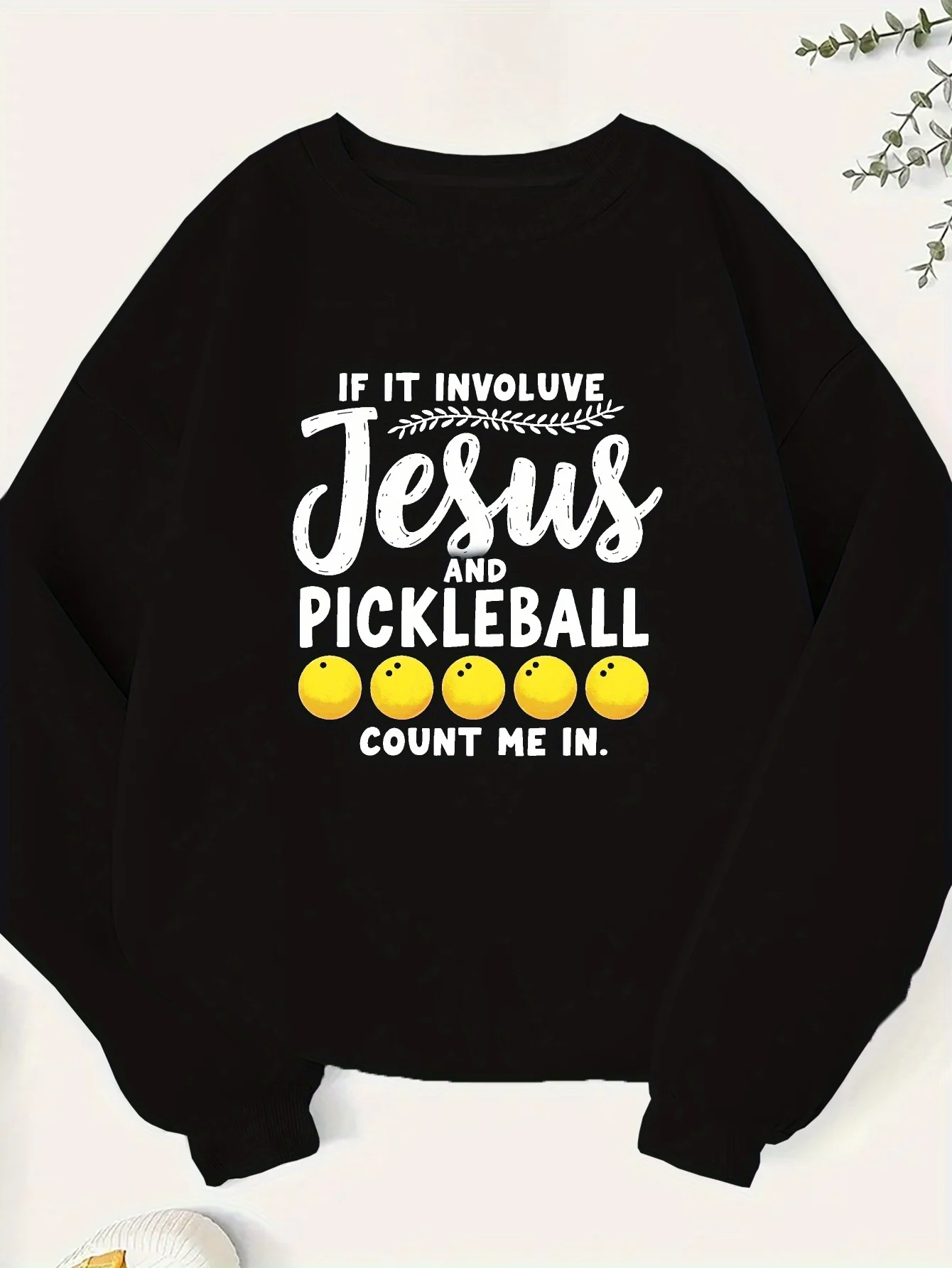 Большие размеры, женская толстовка больших размеров с рисунком Иисуса и Пиклбола — черная с белыми и желтыми надписями, повседневный круглый вырез
Большие размеры, женская толстовка больших размеров с рисунком Иисуса и Пиклбола — черная с белыми и желтыми надписями, повседневный круглый вырез