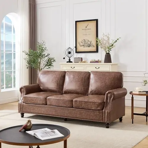 Mid-Century Modern Couch, Faux Leather Sofa, 3 Seater Couch for Living Room with Rolled arms & Nailhead Trim, Dark Brown
Mid-Century Modern Couch, Faux Leather Sofa, 3 Seater Couch for Living Room with Rolled arms & Nailhead Trim, Dark Brown