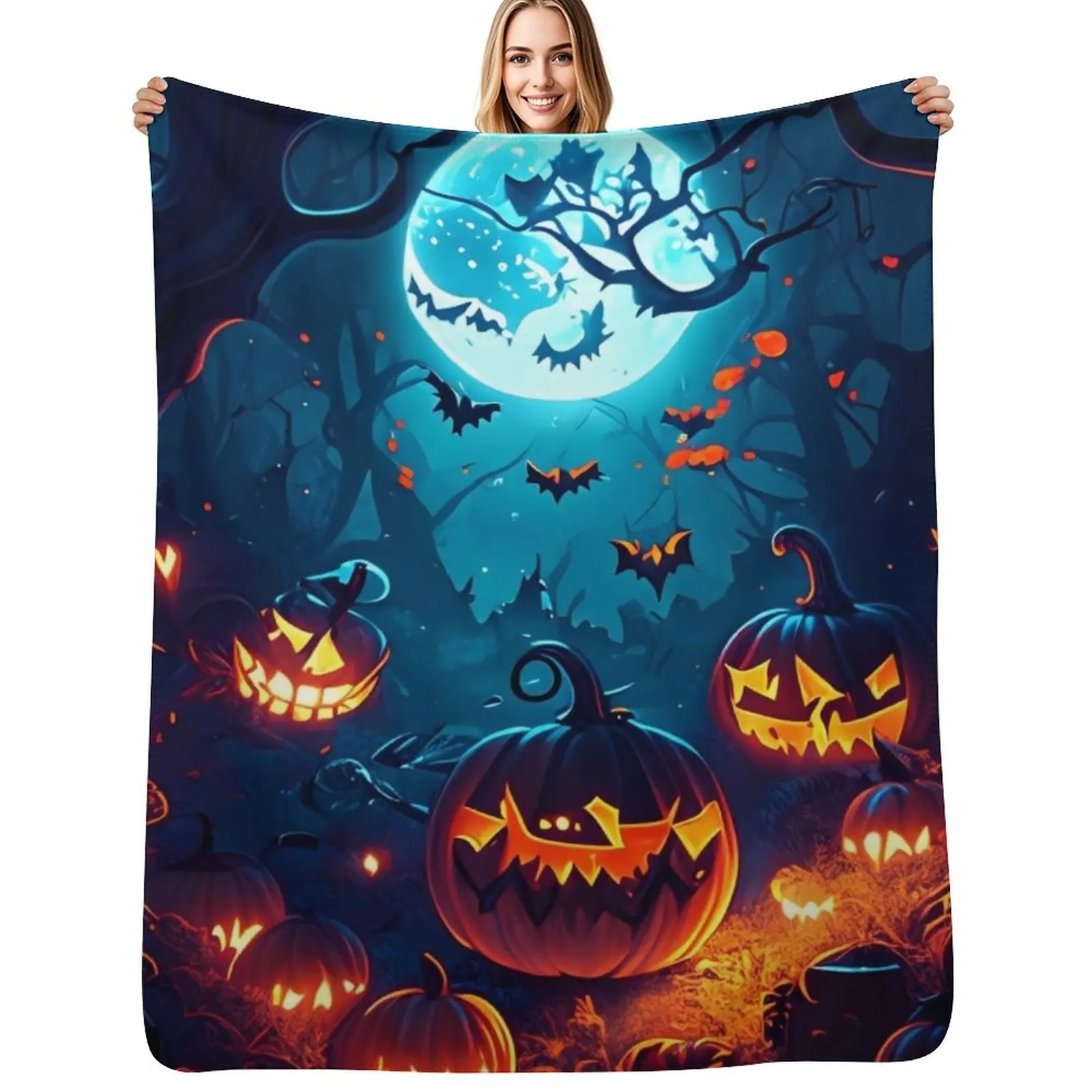 Enchanted full moon night: glowing pumpkins in the forest Throw Blanket Multi Purpose Soft Warm Blanket for Home Travel
Enchanted full moon night: glowing pumpkins in the forest Throw Blanket Multi Purpose Soft Warm Blanket for Home Travel