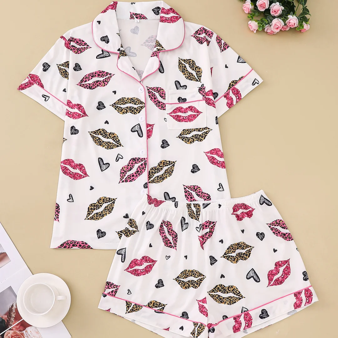 Women's Pajama with Leopard Lips Print White Lapel Short Sleeve Shorts Loungewear Pants Home Wear Set Clothes Gifts
Women's Pajama with Leopard Lips Print White Lapel Short Sleeve Shorts Loungewear Pants Home Wear Set Clothes Gifts