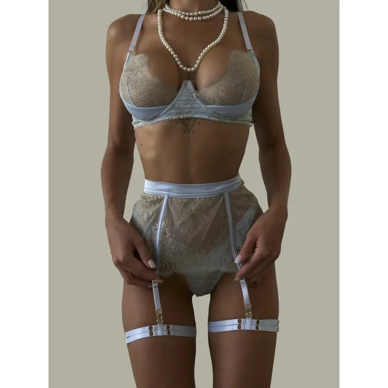 Fancy Women's Lingerie Sets Elegant Lace Bra Belt Thong 3PC with Leg Circles Seductive Intimate Women Underwear
Fancy Women's Lingerie Sets Elegant Lace Bra Belt Thong 3PC with Leg Circles Seductive Intimate Women Underwear
