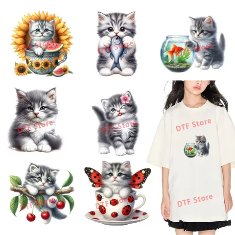 A leisurely and carefree little cat dtf Patches for Clothing Heat Transfer for T Shirt Patch Childrens clothing Washable Patch