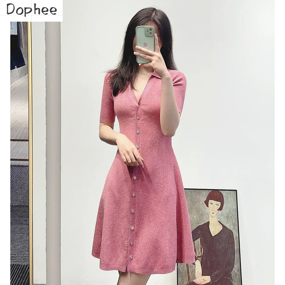 New Spring Summer Fashion Lady Solid Pink Elegant Dress Short Sleeve V-neck Single-breasted Slim Waist A-line Knitted Dress
New Spring Summer Fashion Lady Solid Pink Elegant Dress Short Sleeve V-neck Single-breasted Slim Waist A-line Knitted Dress