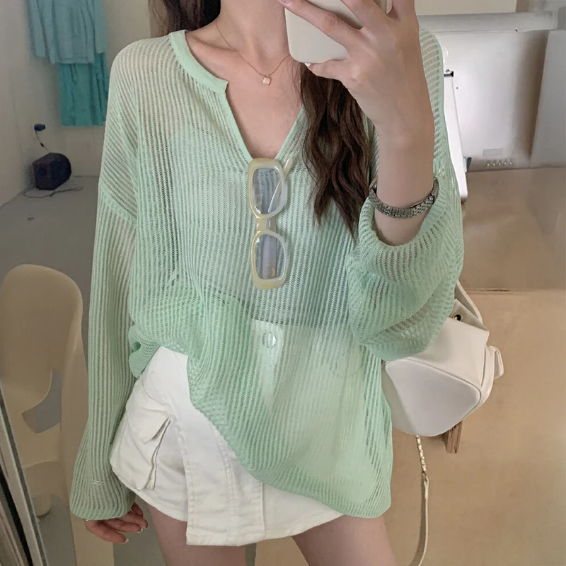 Сетчатый топ с длинными рукавами, пуловеры, женский легкий свитер, прозрачная вязаная блузка, пляжная накидка для девочек-подростков, дышащая летняя повседневная одежда
Сетчатый топ с длинными рукавами, пуловеры, женский легкий свитер, прозрачная вязаная блузка, пляжная накидка для девочек-подростков, дышащая летняя повседневная одежда