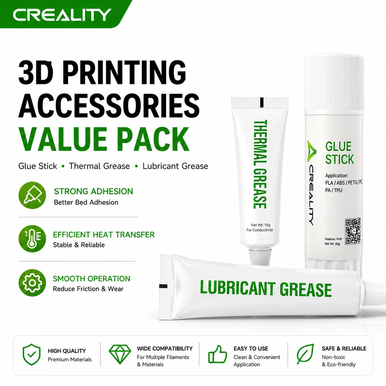 Creality 3D Printer Accessories Pack with Glue Stick, Thermal Grease & Lubricant
Creality 3D Printer Accessories Pack with Glue Stick, Thermal Grease & Lubricant