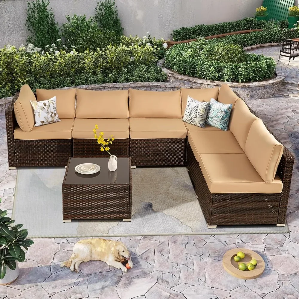 7 Pcs Patio Furniture Set,Wicker Outdoor Conversation Set, Rattan Sectional Sofa w/Washable Cushions & Glass Coffee Table, Brown
7 Pcs Patio Furniture Set,Wicker Outdoor Conversation Set, Rattan Sectional Sofa w/Washable Cushions & Glass Coffee Table, Brown