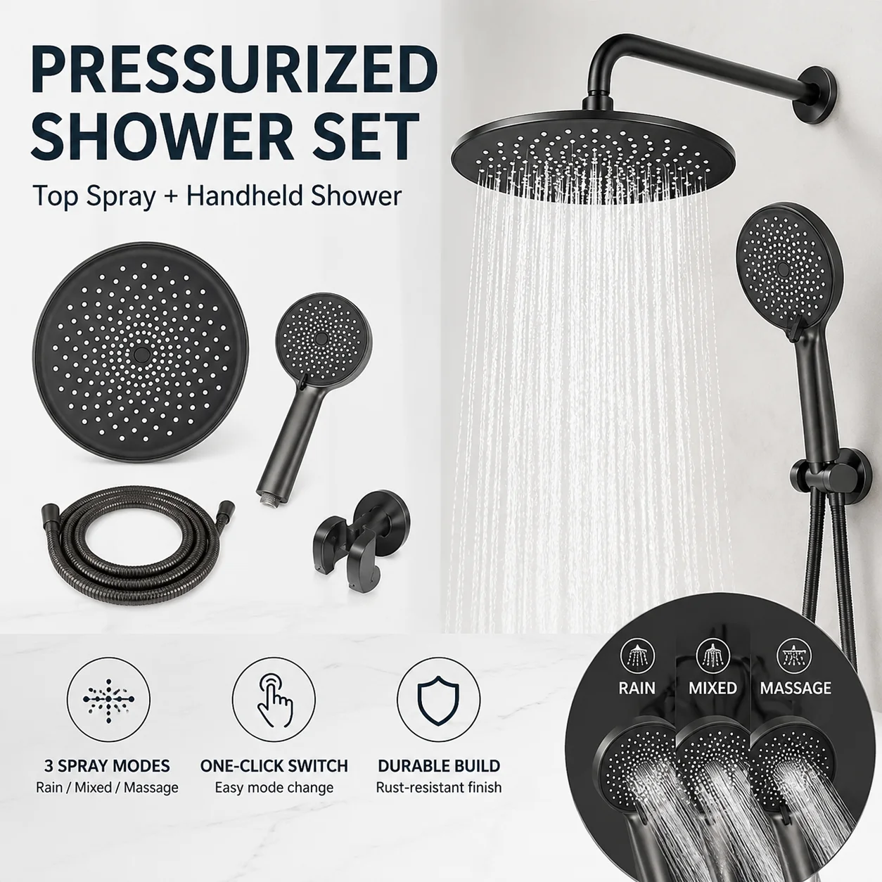 Pressurized High Volume Overhead Rain Shower Head 3 Mode Handheld Shower Booster Bathroom SPA Complete Set
Pressurized High Volume Overhead Rain Shower Head 3 Mode Handheld Shower Booster Bathroom SPA Complete Set