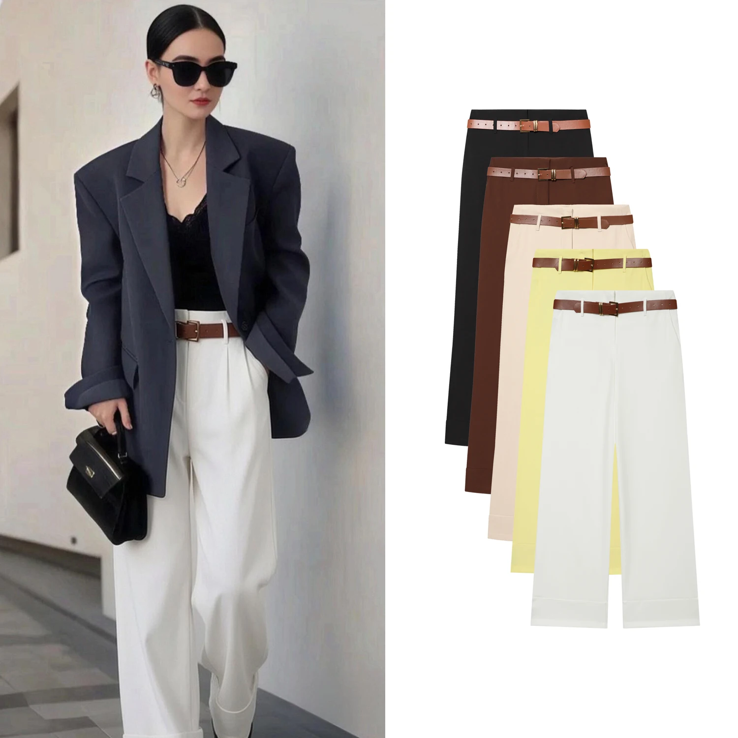 Women's Casual Pants Spring Summer Female High Waist Straight Leg Pants With Belt Lady simple Elegant OL Commut Pants Trousers
Women's Casual Pants Spring Summer Female High Waist Straight Leg Pants With Belt Lady simple Elegant OL Commut Pants Trousers