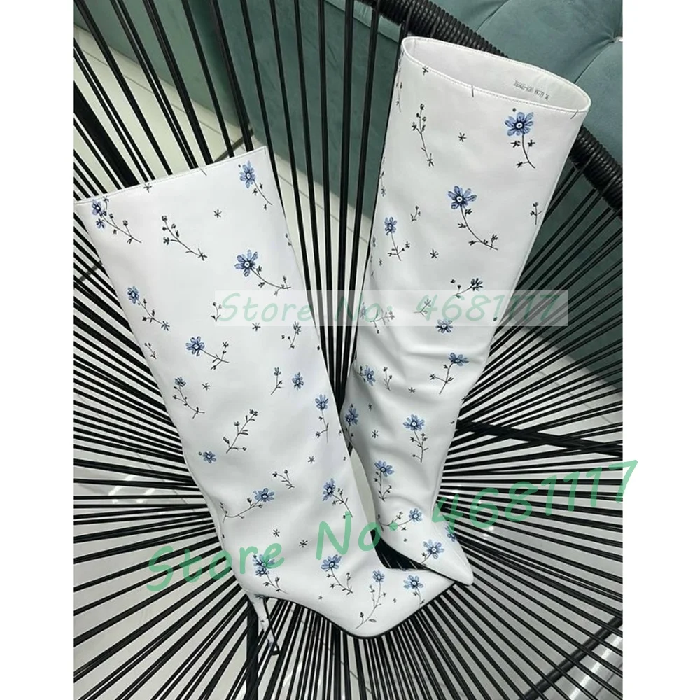 White Stiletto Knee High Boots With Blue Floral Print Women Classy Pointy Toe Slip On Tall Boots Sexy Baggy Trendy Dress Shoes
White Stiletto Knee High Boots With Blue Floral Print Women Classy Pointy Toe Slip On Tall Boots Sexy Baggy Trendy Dress Shoes