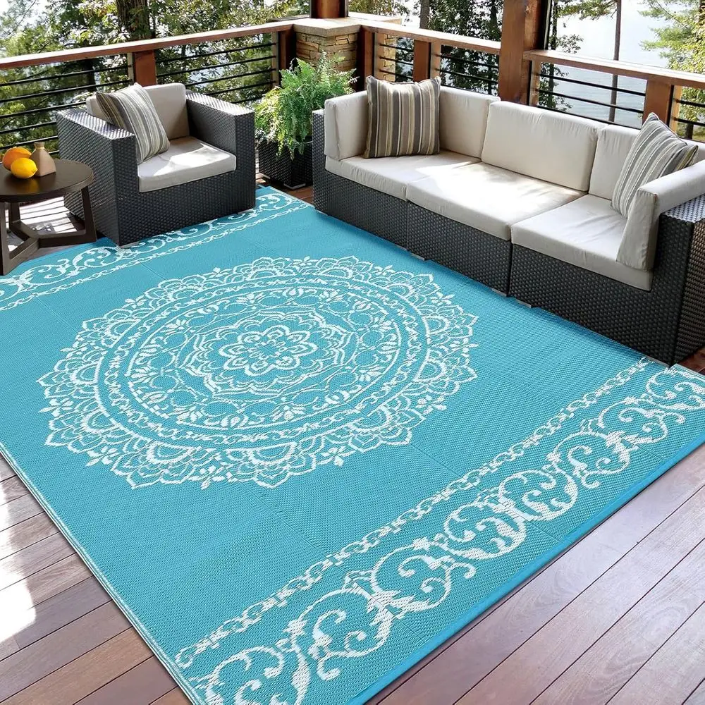 Reversible Outdoor Rug 9x12 ft, Plastic Mat for RV, Patio, Camping, Deck, Backyard, Teal and White
Reversible Outdoor Rug 9x12 ft, Plastic Mat for RV, Patio, Camping, Deck, Backyard, Teal and White