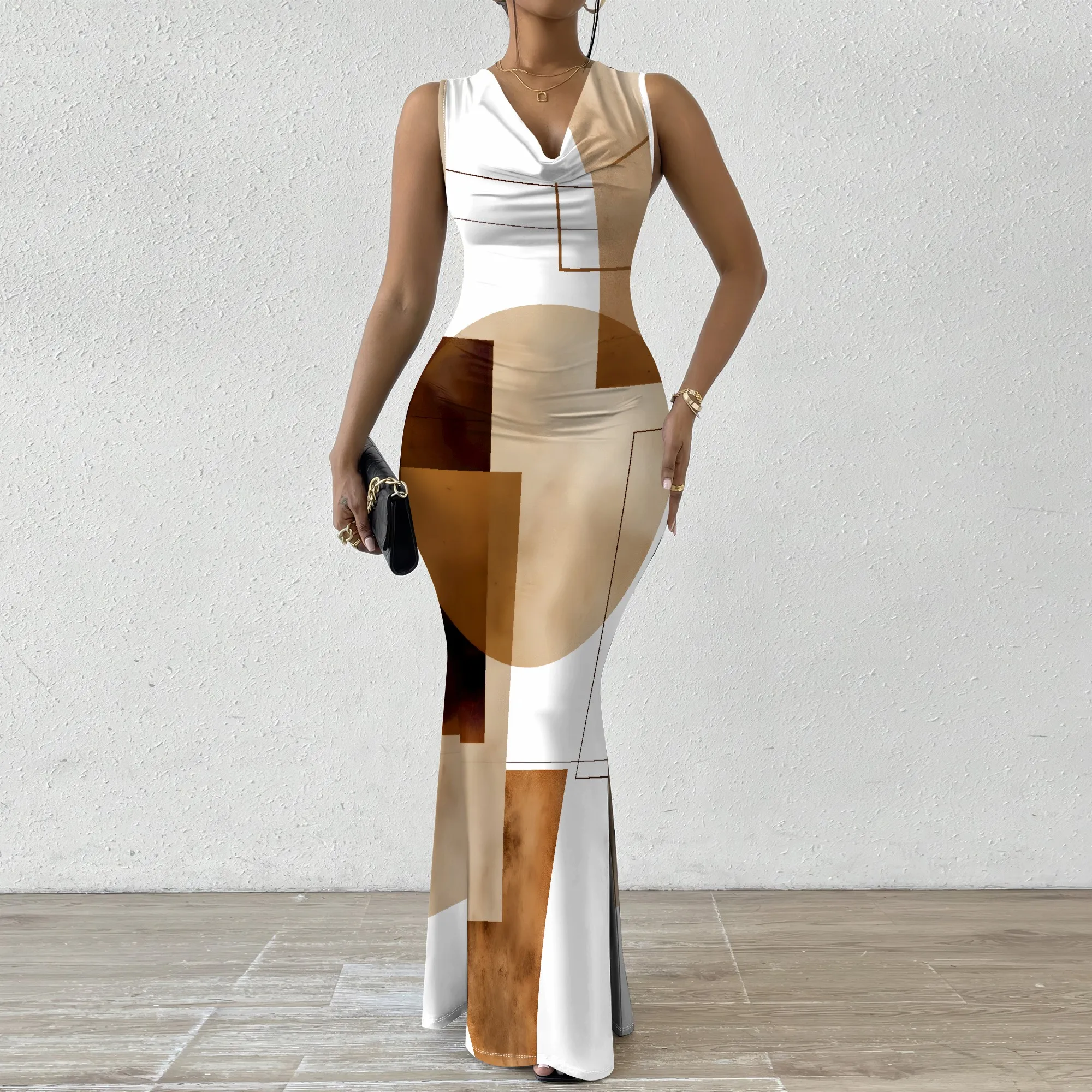 Brown White Geometric Maxi Dress XS-2XL Drape Neck Sleeveless Bodycon Style for Museum Look, Fall Event or Art Exhibition Outfit
Brown White Geometric Maxi Dress XS-2XL Drape Neck Sleeveless Bodycon Style for Museum Look, Fall Event or Art Exhibition Outfit
