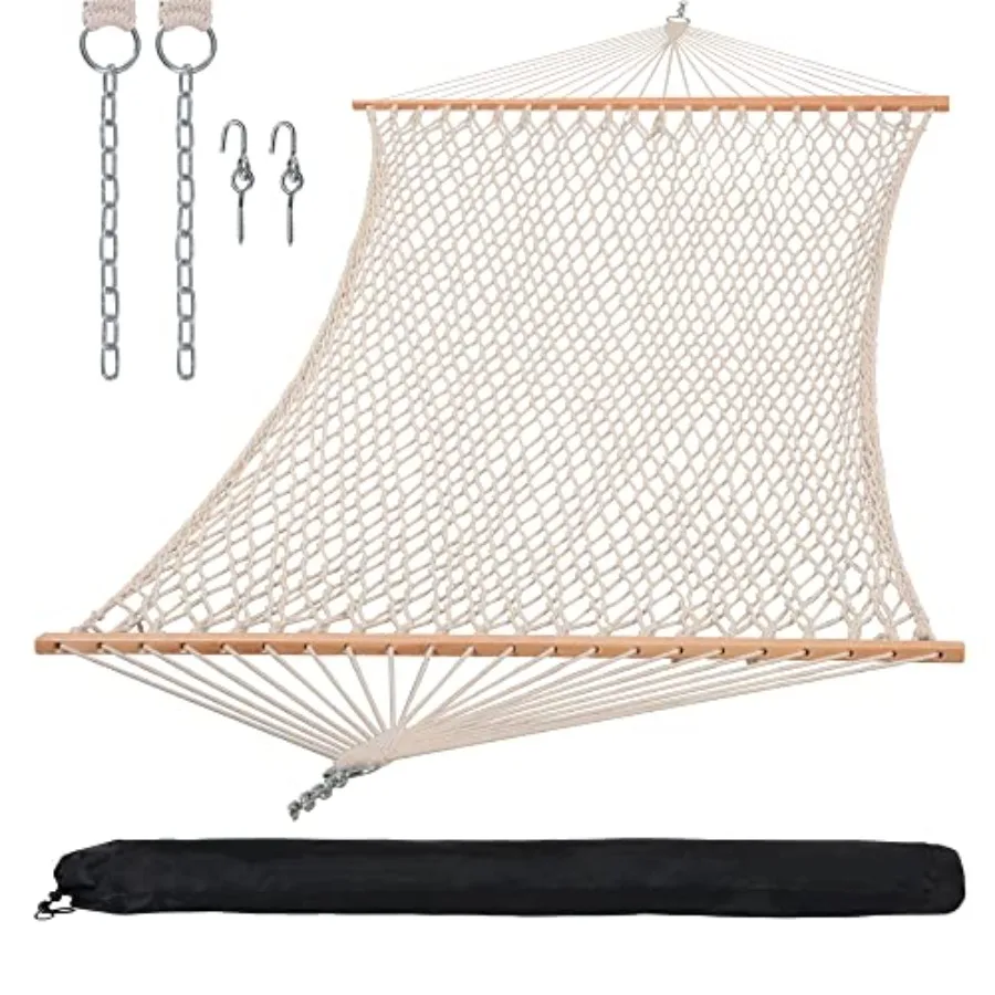 Traditional rope double hammock for outdoor use, natural cotton rope with hardwood spreader bar and carrying bag, natural color
Traditional rope double hammock for outdoor use, natural cotton rope with hardwood spreader bar and carrying bag, natural color