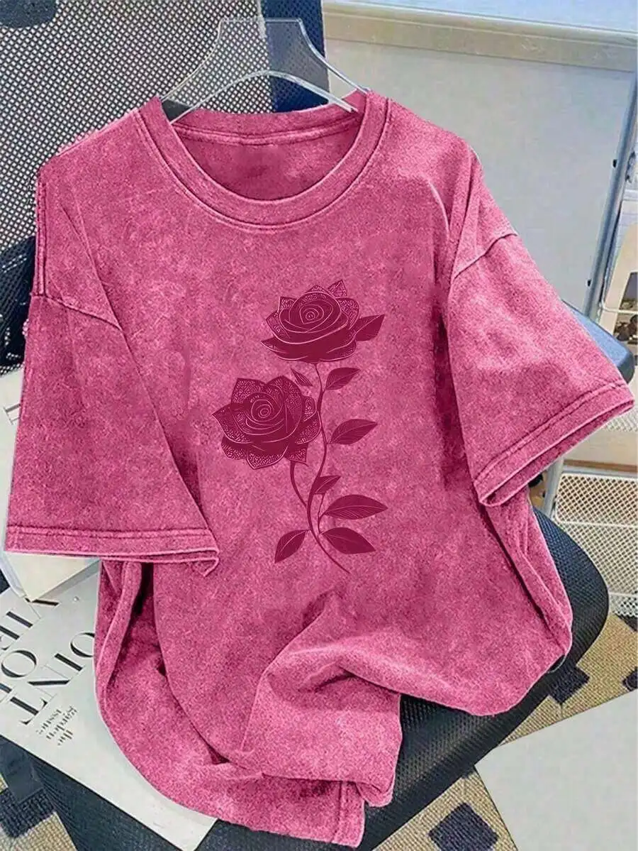 Washed Cotton Vintage Rose Print T-Shirt Pink Women Loose Fit Casual Tee
Washed Cotton Vintage Rose Print T-Shirt Pink Women Loose Fit Casual Tee