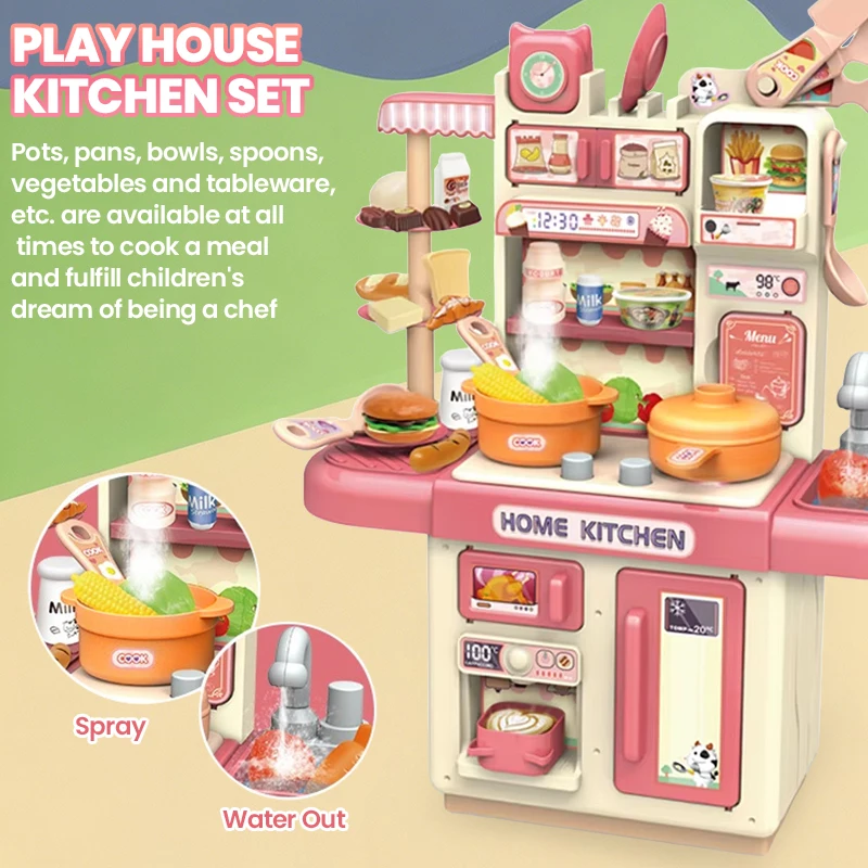 Children's Pretend Kitchen Toy Set, Kitchen Food Cooking Dining Table Playhouses with Lights, Sound Effect Spray, Best Gifts
Children's Pretend Kitchen Toy Set, Kitchen Food Cooking Dining Table Playhouses with Lights, Sound Effect Spray, Best Gifts