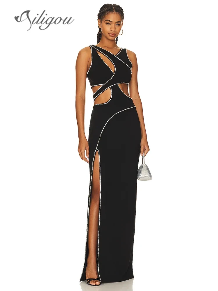 Ailigou 2024 New Summer Women's Sexy Sleeveless Hollow Beaded Black V-neck Side Split Tight Long Dress Evening Celebrity Dress
Ailigou 2024 New Summer Women's Sexy Sleeveless Hollow Beaded Black V-neck Side Split Tight Long Dress Evening Celebrity Dress