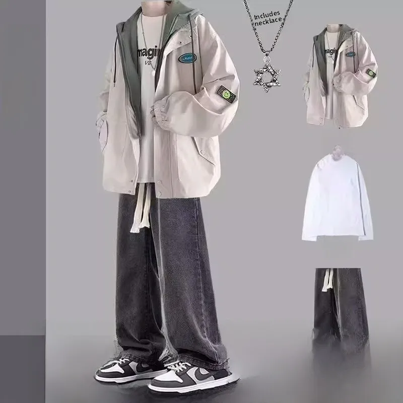 Hong Kong Sle Fake Two-Piece Jaet Set for Men Spring Autumn Trendy Hooded Workwear Outerwear Sli Youthful Polyester
Hong Kong Sle Fake Two-Piece Jaet Set for Men Spring Autumn Trendy Hooded Workwear Outerwear Sli Youthful Polyester