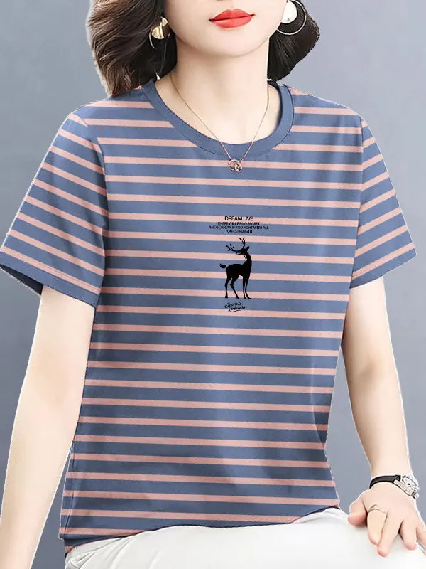 Mom's Short Sleeve Striped T-Shirt Women's Loose Summer New Style Youthful Large Size Belly Covering Slimming Top
Mom's Short Sleeve Striped T-Shirt Women's Loose Summer New Style Youthful Large Size Belly Covering Slimming Top