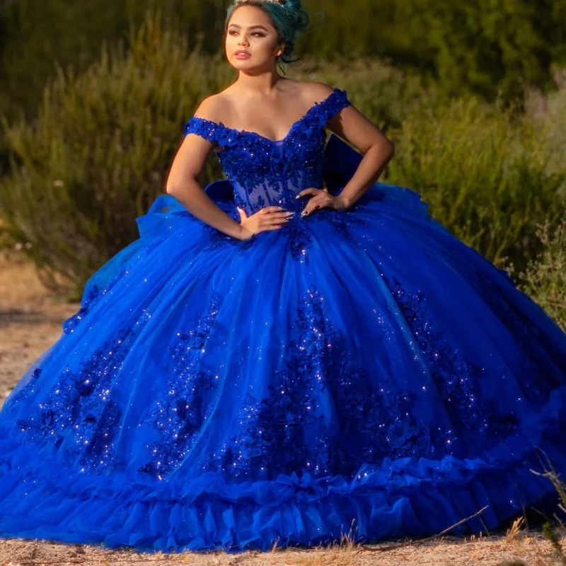 Royal Blue Quinceanera Dress off-shoulder Crystal Glitter 3D Flower Decal Long tail Bow vestidos de 15 Quinceanera Customize
Royal Blue Quinceanera Dress off-shoulder Crystal Glitter 3D Flower Decal Long tail Bow vestidos de 15 Quinceanera Customize