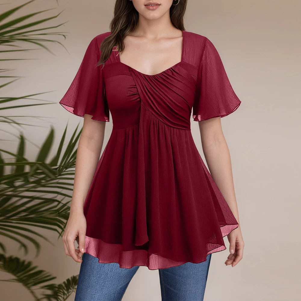 Women Plus Size Elegant Blouse Square Collar Pleated Double Layer Mesh Petal Sleeve Ruffle Hem Casual Summer 2025 New Female Tee
Women Plus Size Elegant Blouse Square Collar Pleated Double Layer Mesh Petal Sleeve Ruffle Hem Casual Summer 2025 New Female Tee