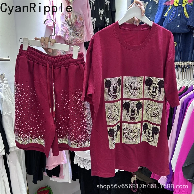 Fashionable Summer Women Set Hot Diamonds Mickey Loose Short Sleeve T-shirt Top + All-match Elastic Waist Wide Leg Casual Shorts
Fashionable Summer Women Set Hot Diamonds Mickey Loose Short Sleeve T-shirt Top + All-match Elastic Waist Wide Leg Casual Shorts