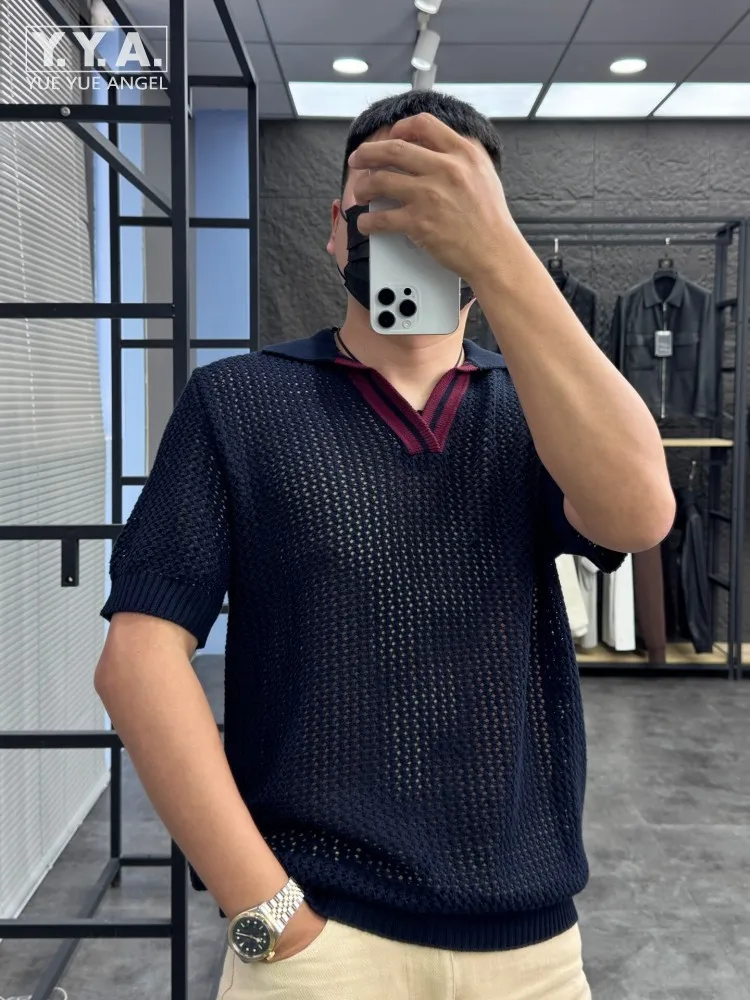Casual Men High Street Turn Down Collar Knitted Hollow-Out Breathable Pullover Tees Top Short Sleeve Fashion Summer Men T-Shirts
Casual Men High Street Turn Down Collar Knitted Hollow-Out Breathable Pullover Tees Top Short Sleeve Fashion Summer Men T-Shirts