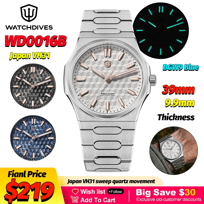 Watchdives Wd0016B Кварцевые часы 39 мм с белым циферблатом Vh31 Ar, сапфировым стеклом, светящимися элементами, водонепроницаемостью 100 м, из нержавеющей стали, роскошные мужские часы
Watchdives Wd0016B Кварцевые часы 39 мм с белым циферблатом Vh31 Ar, сапфировым стеклом, светящимися элементами, водонепроницаемостью 100 м, из нержавеющей стали, роскошные мужские часы