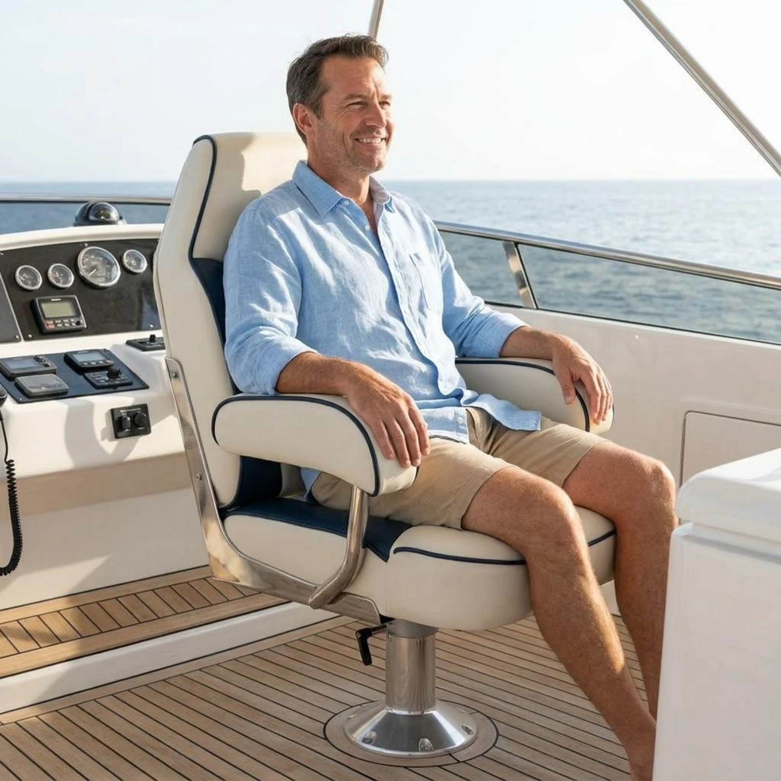 Marine Steering Chair Blue and White Upholstered Steering Chair Helmsperson Boat Seat Stitched Panel Helm Boat Seat
Marine Steering Chair Blue and White Upholstered Steering Chair Helmsperson Boat Seat Stitched Panel Helm Boat Seat