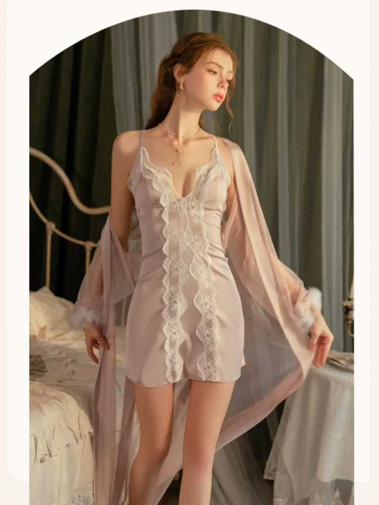 Sexy Perspective Patchwork Lace Robe Suspender Nightdress Two Piece Set Women Thin Satin Bathrobe Sleepwear Summer Home Clothes
Sexy Perspective Patchwork Lace Robe Suspender Nightdress Two Piece Set Women Thin Satin Bathrobe Sleepwear Summer Home Clothes